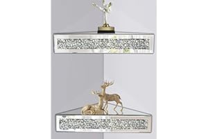 ST3000 Mirrored Floating Corner Shelf, Silver Mirror Crushed Diamond Decorative Wall Shelf for Home Decoration Crystal Diamond Wall Art Decor Accent Piece Showcase 11.8" L×11.8" W×3.1" H, Set of 2