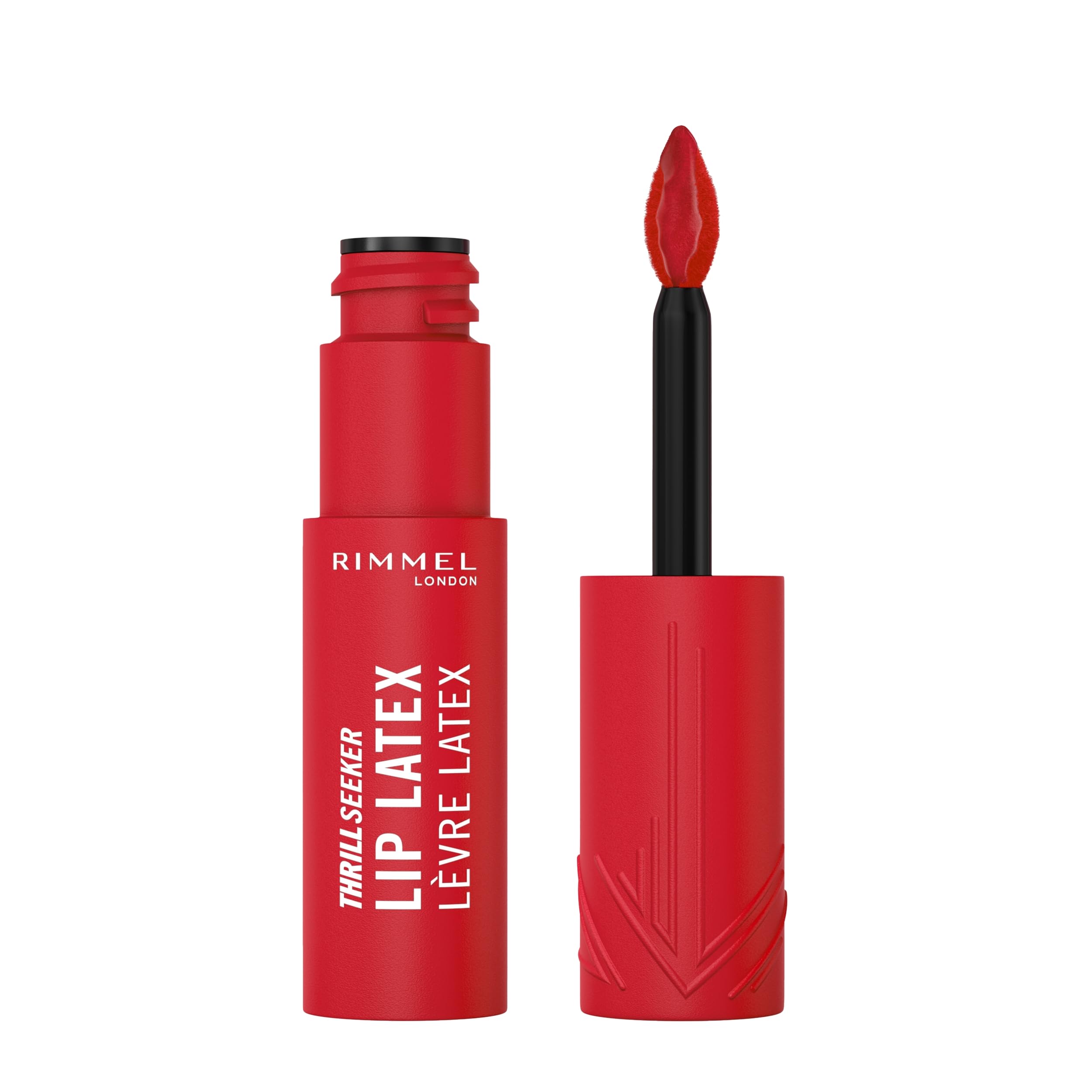 Rimmel Thrill Seeker Lip Latex, 400 Rimmel Red, Ultra-Smooth Finish, Lasts All Day, Transfer-Proof, Infused with Aloe Vera, Hyaluronic Acid and Vitamin E, Diamond-Like Shape Applicator, Vegan