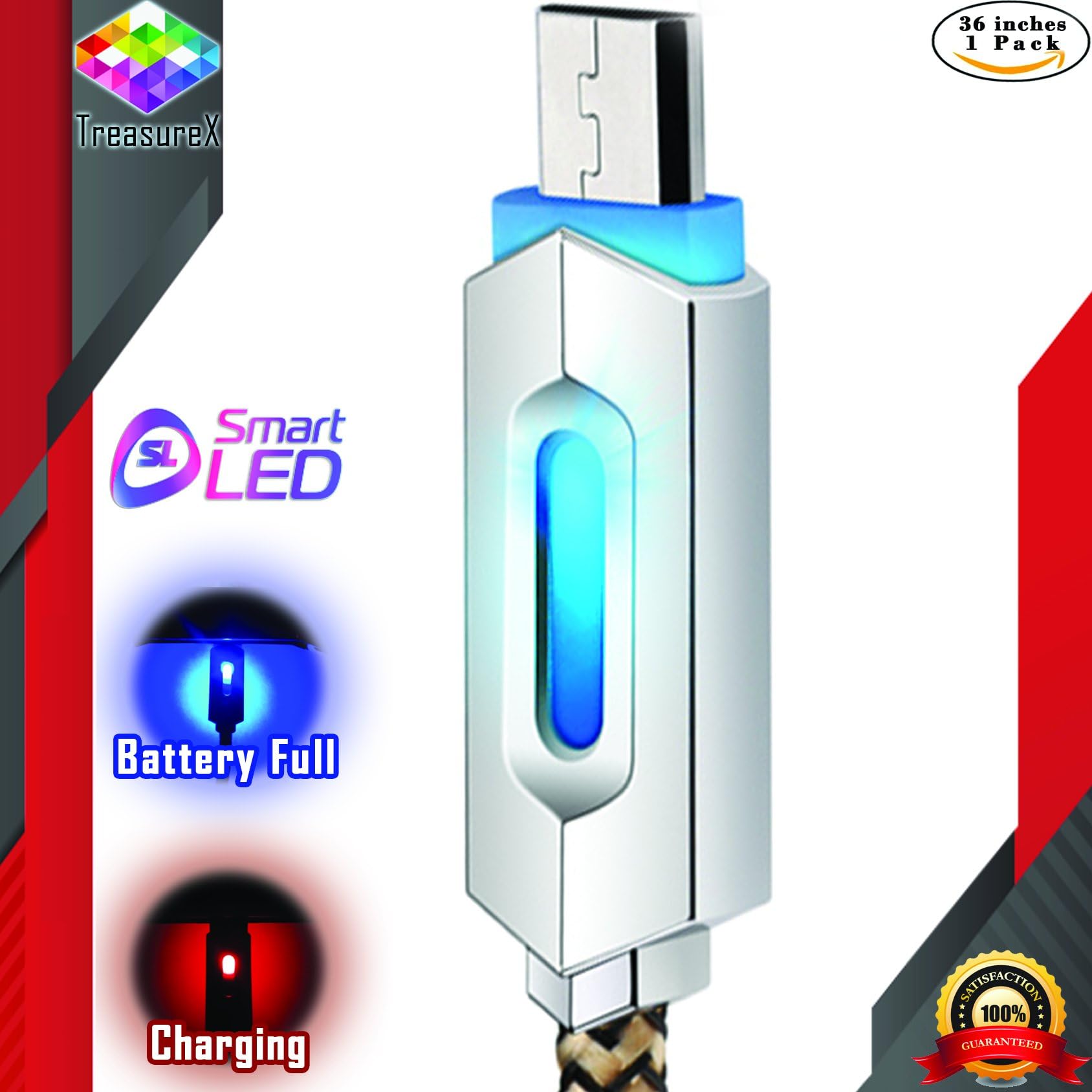 TreasuresX || MicroUSB Cable Android || Smart LED Show Charge Status + Easy Find in Dark + Auto Off + Zync Alloy Fast Charge + Tough Nylon Braided || Micro USB Compatible Samsung Galaxy Note LG Sony