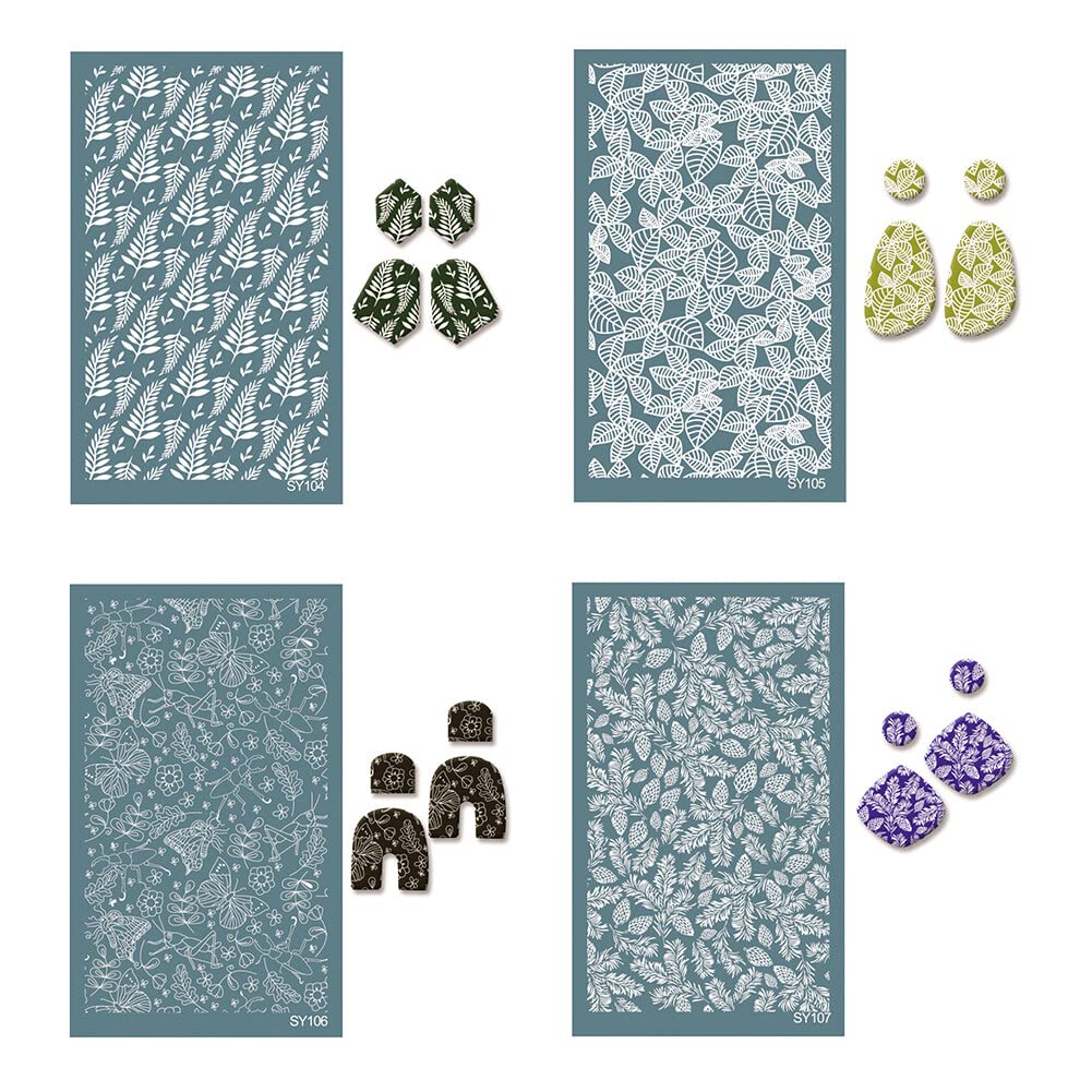 Uposao 4Pcs Silk Screen Stencils for Polymer Clay, Polymer Clay Silkscreen Tool Reusable Silkscreen Print Kit for DIY Polymer Clay Jewelry Making