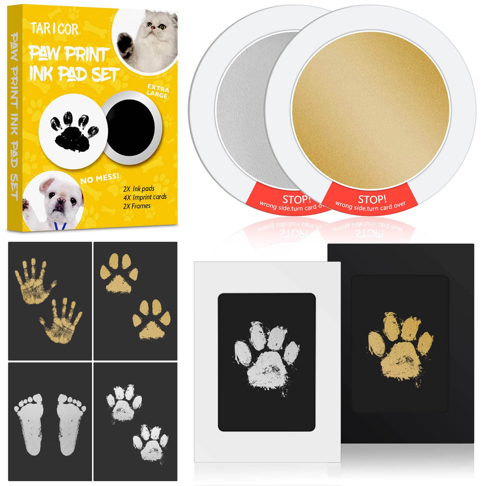 Taricor Pet Paw Print Kit, 2 Pcs Paw Print Kit for Dogs Cats, Inkless Pet Keepsake Pawprint Stamp Pads with 2 Photo Frames 4 Imprint Cards, Ink Pads for Dog Pet Paw Impression Kit (Gold Silver)