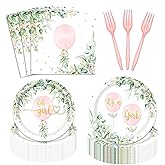 96Pcs Oh Girl Watercolor Pink Balloon Party Supplies Greenery Girls Baby Shower Party Plates Napkins Tableware Botanical Eucalyptus Baby Shower Party Favor