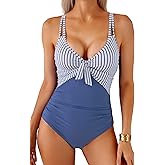 Eagerbuy Women's One Piece Swimsuits Tummy Control Cutout Tie Knot Bathing Suits Slimming High Waisted V Neck Swimwear