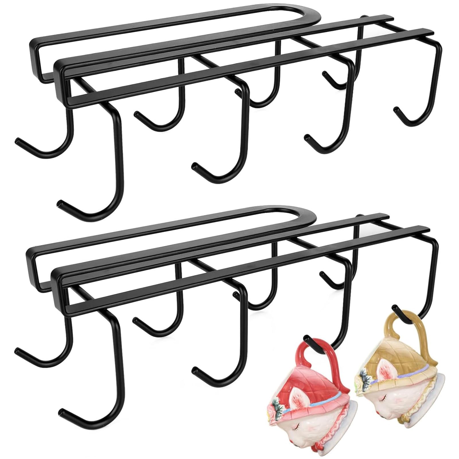 Tefola Set of 2 Hanging Cup Holder Without Drilling, Two Rows Metal Storage Hooks Under Cabinet Kitchen Storage for Wine Glass, Coffee Cup, Towel, Scarf, Tie
