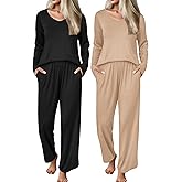 Ekouaer 2 Pack Womens Ribbed Knit Pajama Sets V Neck Soft Lounge Sets Long Sleeve PJs Loose Matching Outfits Set