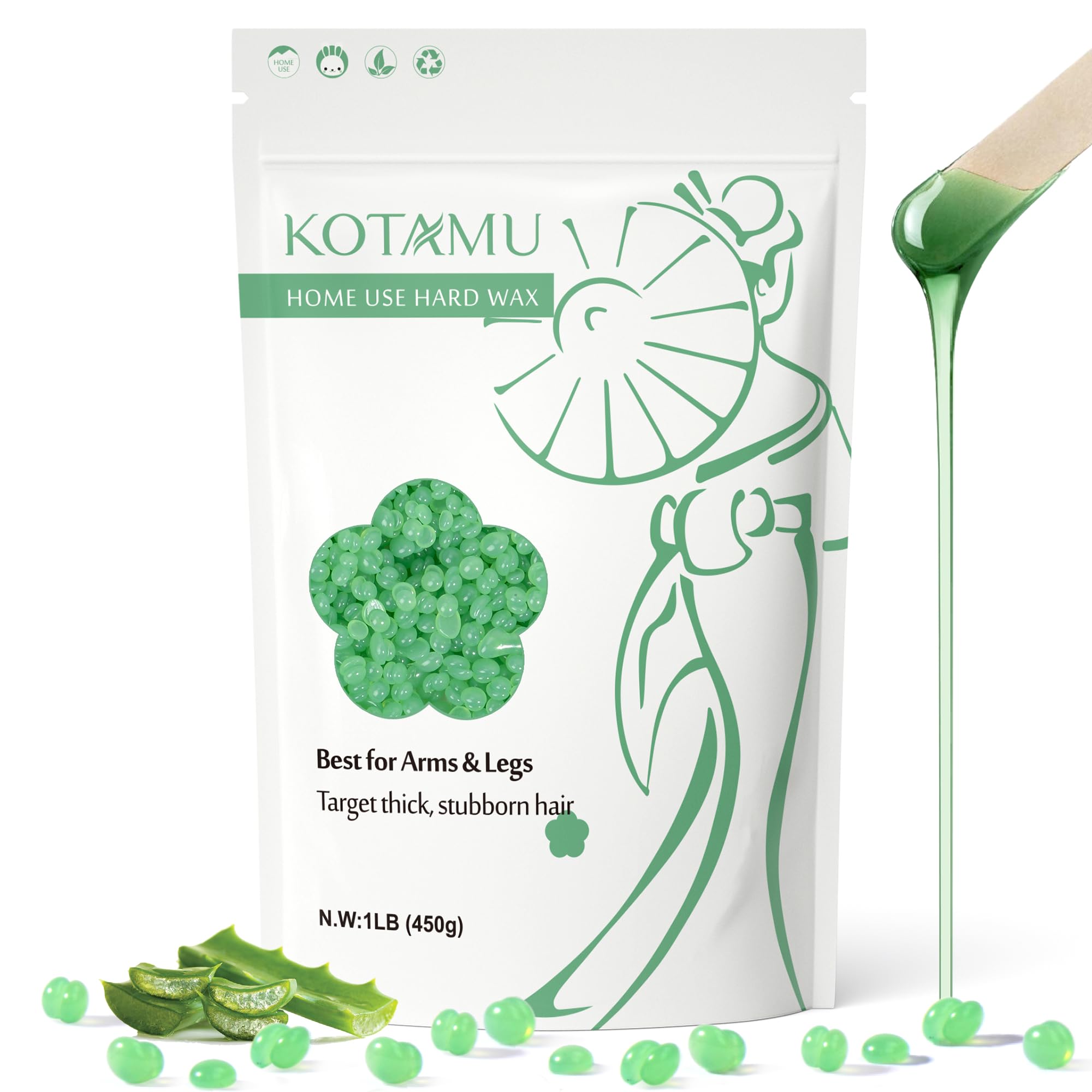 KOTAMU Wax Beads 450g Aloe Vera Hard Wax Beans for Hair Removal, Sensitive Skin Waxing Beads for Women & Men Thick & Stubborn Hair, Hardwax Refill for Arms Legs Face Brazilian Bikini Home Waxing
