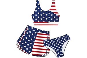 NECIOUS Girls Swimsuit Bikini Set, 3 Piece Girl Bathing Suits Color Block Cutout Swimwear with Shorts Size 7-16