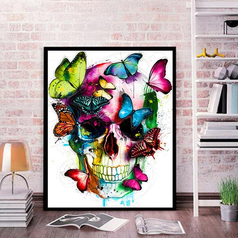 CaptainCrafts Paint by Numbers for Adults DIY Oil Painting Paint by Numbers with Canvas Acrylic Art Crafts House Decor 16x20 Inch (with Frame, Colorful Skull Butterflies)