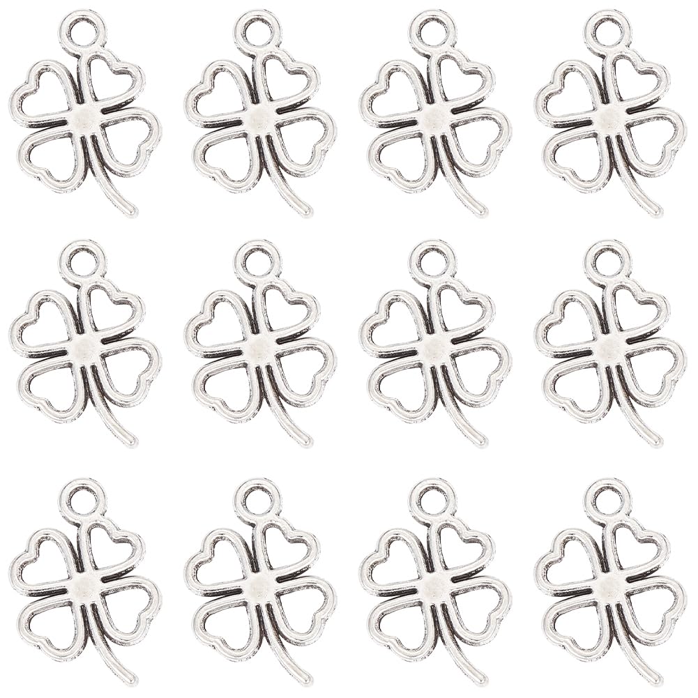 SUNNYCLUE 1 Box 150 Pieces Tibetan Style St. Patrick's Day Pendants Antique Silver Four Leaf Clover Hollow Double Sided 4 Leaves Irish Clover Leaves Lucky Charm