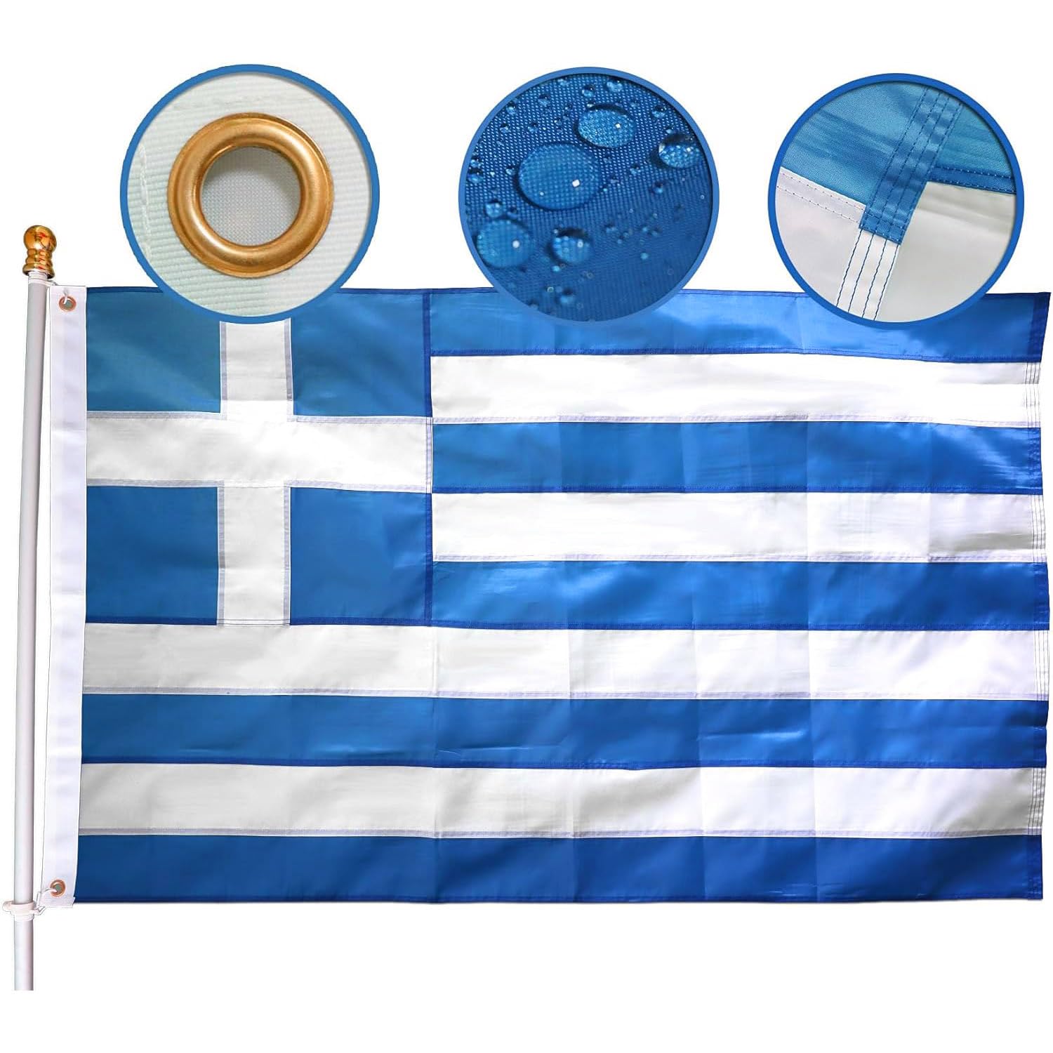 Heavy Duty Greece Flag 3x5 Ft, Longest Lasting Oxford Nylon 210D|Four Rows Stitching Fly Ends| Greek National Flags Decoration Gift Yard House Banner