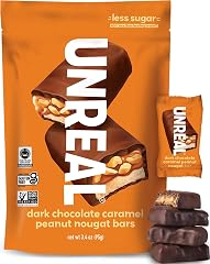 UNREAL Dark Chocolate Caramel Peanut Nougat Bars (1 Bag), 70% Organic Ingredients, Fair Trade, Non-GMO, No Corn Syrup, Sugar 