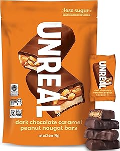 UNREAL Dark Chocolate Caramel Peanut Nougat Bars (1 Bag), 70% Organic Ingredients, Fair Trade, Non-GMO, No Corn Syrup, Sugar 