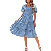 Women's Casual Summer Dress 2026 Square Neck Flutter Sleeve Smocked Tiered Midi Dress Swiss Dot Boho Flowy Dresses