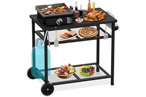 Raweao Outdoor Grill Cart Table -Three Shelf Movable Pizza Oven Stand 33" L x 20" W x 29.9" H with Wheels Dining Cart, Grill Prep Table for Outside Patio, Camping