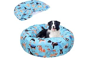 Hoopttay Round Replacement Dog Bed Covers Elastic Edged Washable Pet Bed Protector with Cute Dog Pattern Design for Small & Medium Pet Beds, Cover Only (Blue, 30×9.8 Inch)