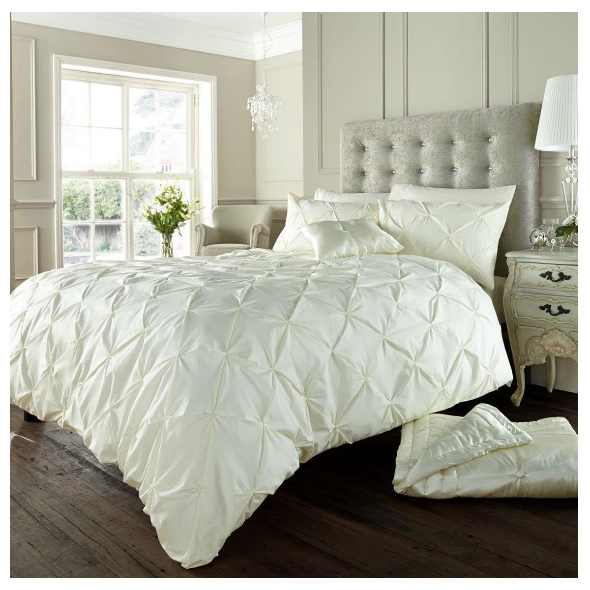 GC GAVENO CAVAILIA Pintuck Duvet Cover Single With Pillow Case, Breathable & Soft Polycotton Pleated Bedding, Pinch Pleat Comforter Bed Cover, Cream