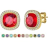 EVEVIC Austrian Crystal Halo Square Stud Earrings for Women 14K Gold Plated Birthstone Earring Hypoallergenic Jewelry Gifts