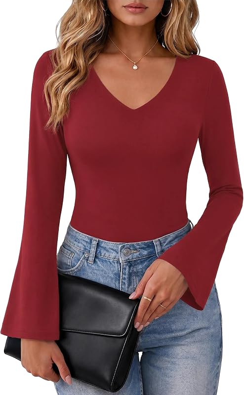 T-shirt feminina de manga comprida, blusa feminina de decote em V e manga alargada