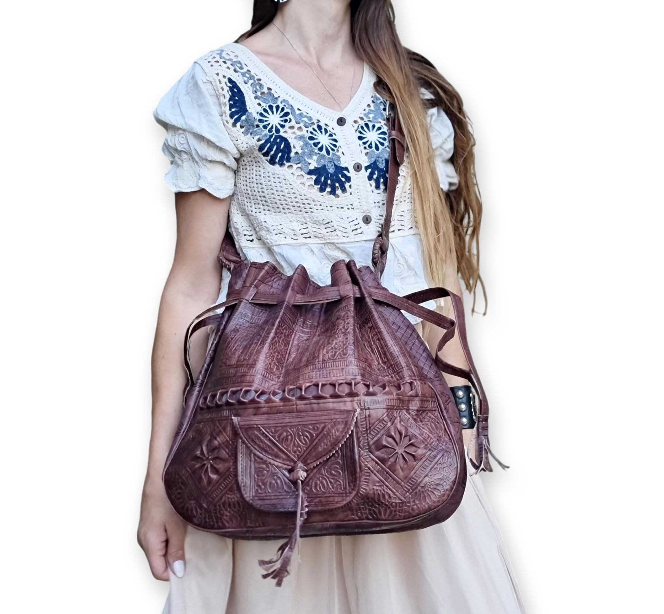 Photo 1 of ***CORRECT ITEM****Moroccan Leather Bucket Bag for Women – Bohemian Tooled Crossbody Purse | Moroccan Gypsy Drawstring Tote, Vintage Hippie Shoulder Bag (Brown)