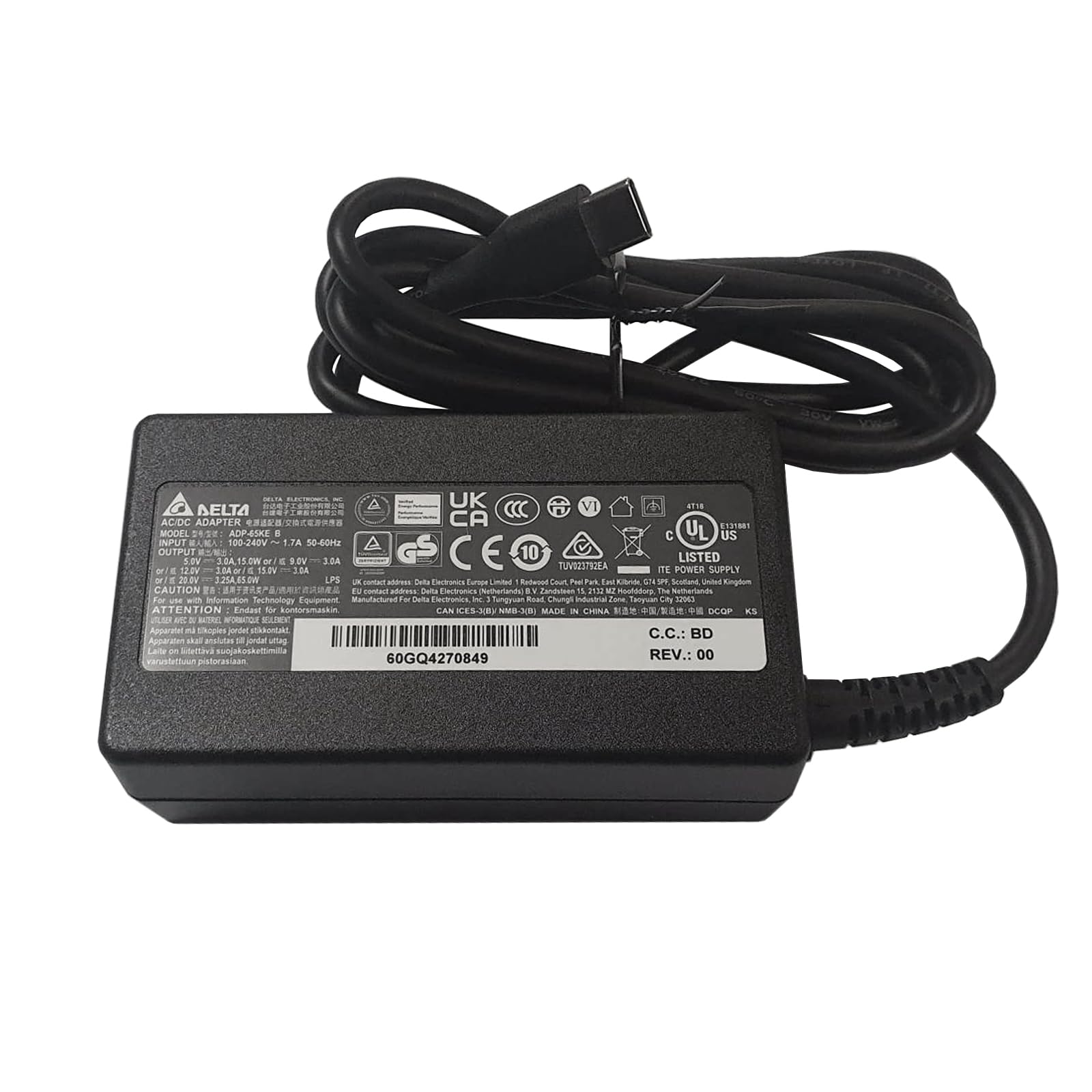 65w Delta Type-C Charger for Latitude 5290 2-In-1, Latitude 7212 Rugged Extreme Tablet, Latitude 7275, Latitude 7370, Latitude 7289 2-In-1, Latitude 7389 2-In-1, Latitude 7390 2-In-1 with UK Plug