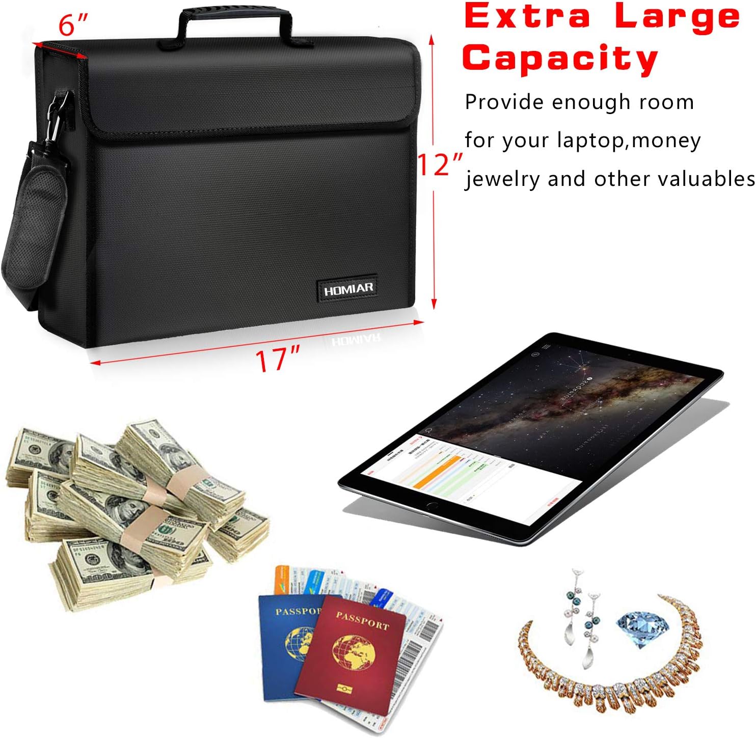 Fireproof Document Bag - X Large Safe Bags,Waterproof File Storage Bag,Silicone Coated Non-Itchy Fiberglass Money Bags with Handle Zipper for Laptop,Files,Money,Jewelry,Valuables - 17" x 12" x 6": Office Products