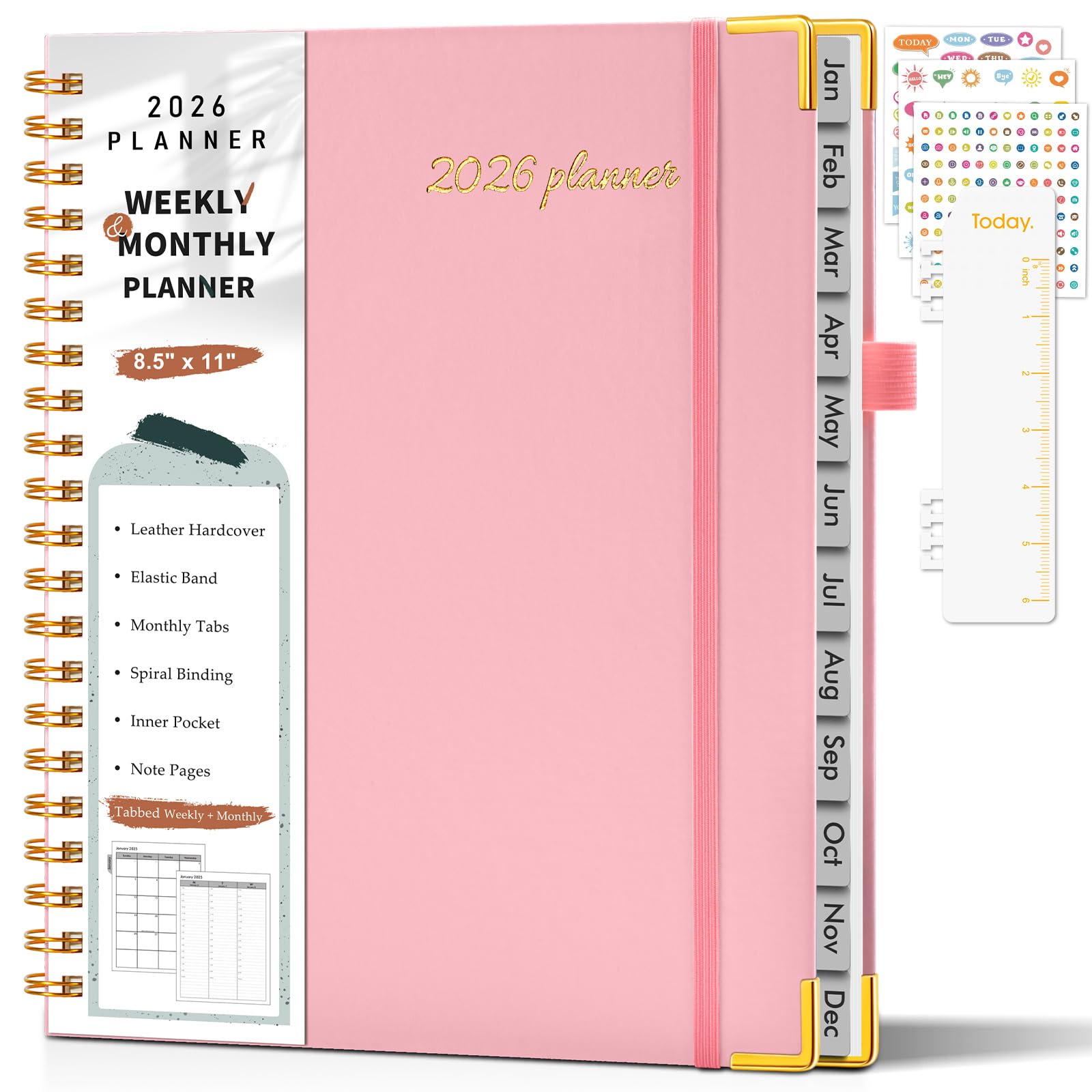 Photo 1 of 2026 Planner, Weekly and Monthly Calendar Planner from January 2026 - December 2026, 8.5" x 11" Hardcover Leather Hourly Appointment Book with Tabs, Spiral Daily Planners for College School Work Home, Light Pink