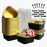 OBXMLFY Mini Cake Pans With Lids 5oz, 50 Pack Mini Loaf Pans with Lids, Aluminum Foil Baking Cups, Disposable Square Brownie Baking Cupcake, Dessert Cups for Wedding, Birthday, Party, Picnics (Black)
