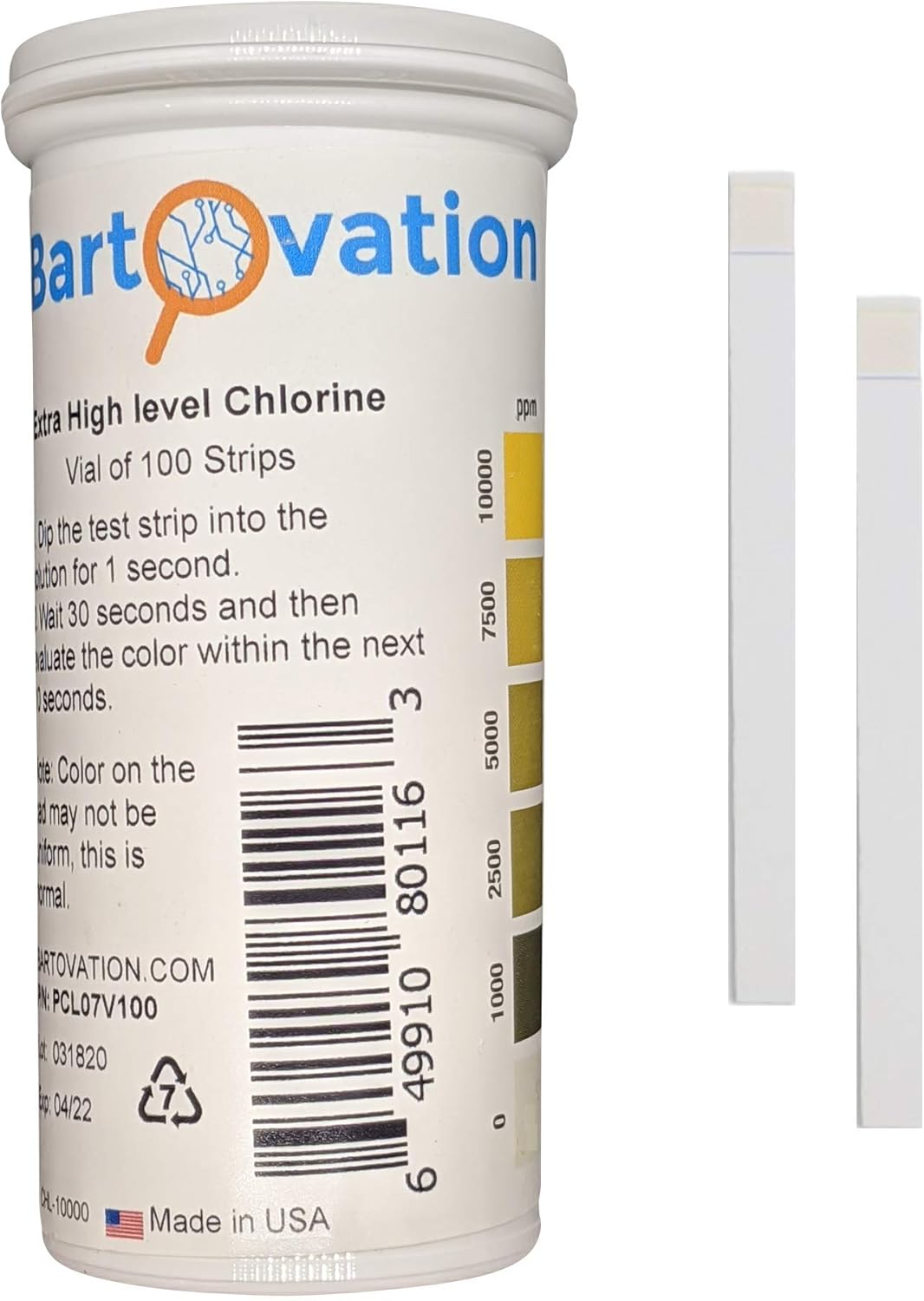 Extra HighLevel Chlorine Test Strips, 010,000 ppm [Vial of 100 Strips