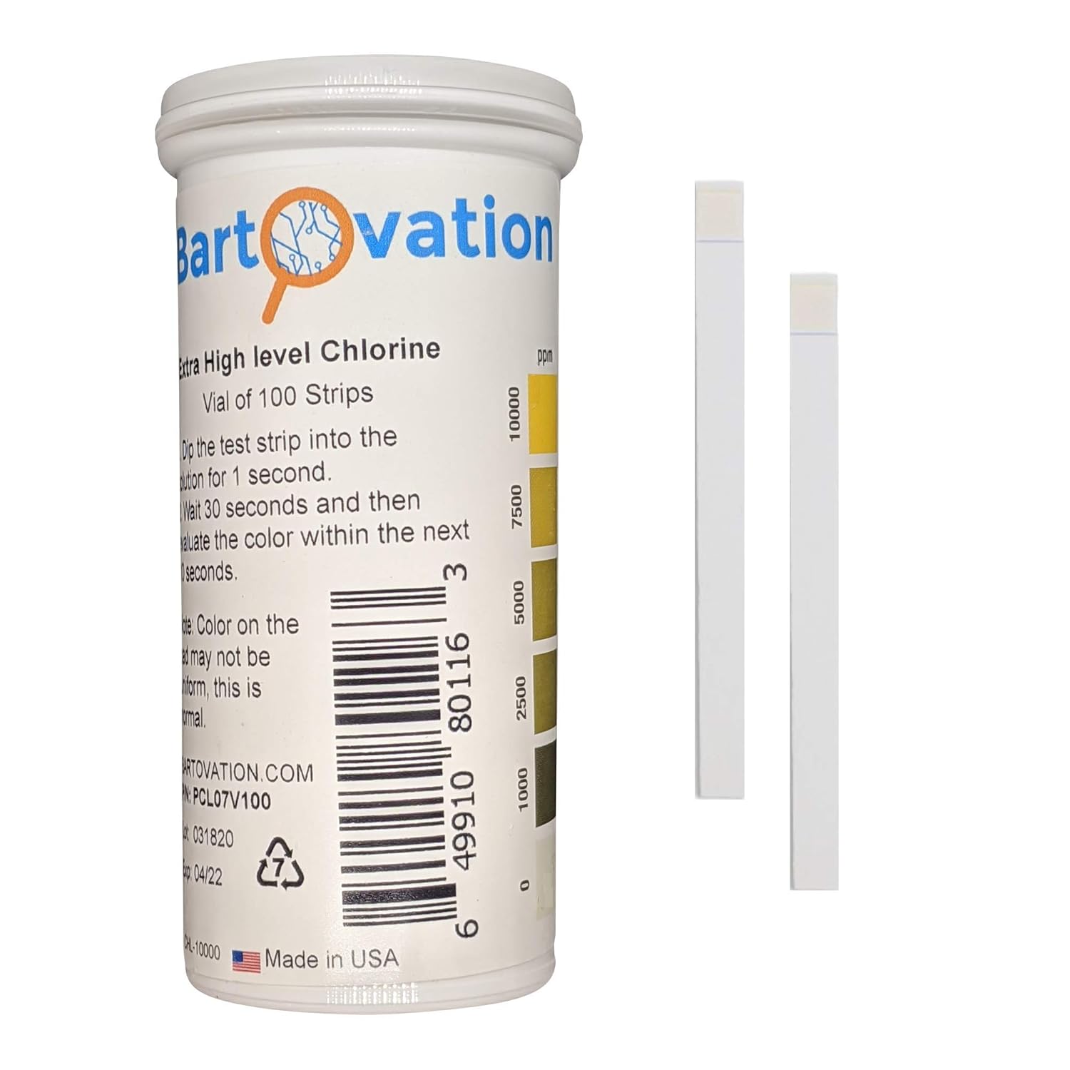 Bartovation Extra HighLevel Chlorine Test Strips, 010,000 ppm [Vial of 100 Strips] Amazon.co