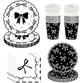 120 pcs Bow Plates Napkins Birthday Party Supplies,Black and White plates and napkins,Disposable Paper Cups, Cutlery, Forks,Dinner Plates for Bow Birthday Bridal Wedding Party Supplies,Serve 24