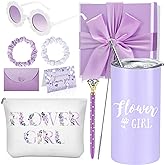 Sieral 9 Pcs Flower Girl Proposal Gifts Box Will You Be My Flower Girl Gift | Box Basket with Tumbler with Straw, Bride Gift Box, Canvas Bag, Sunglasses, Hair Ring, Diamond Pen, Envelope, Purple,Retro