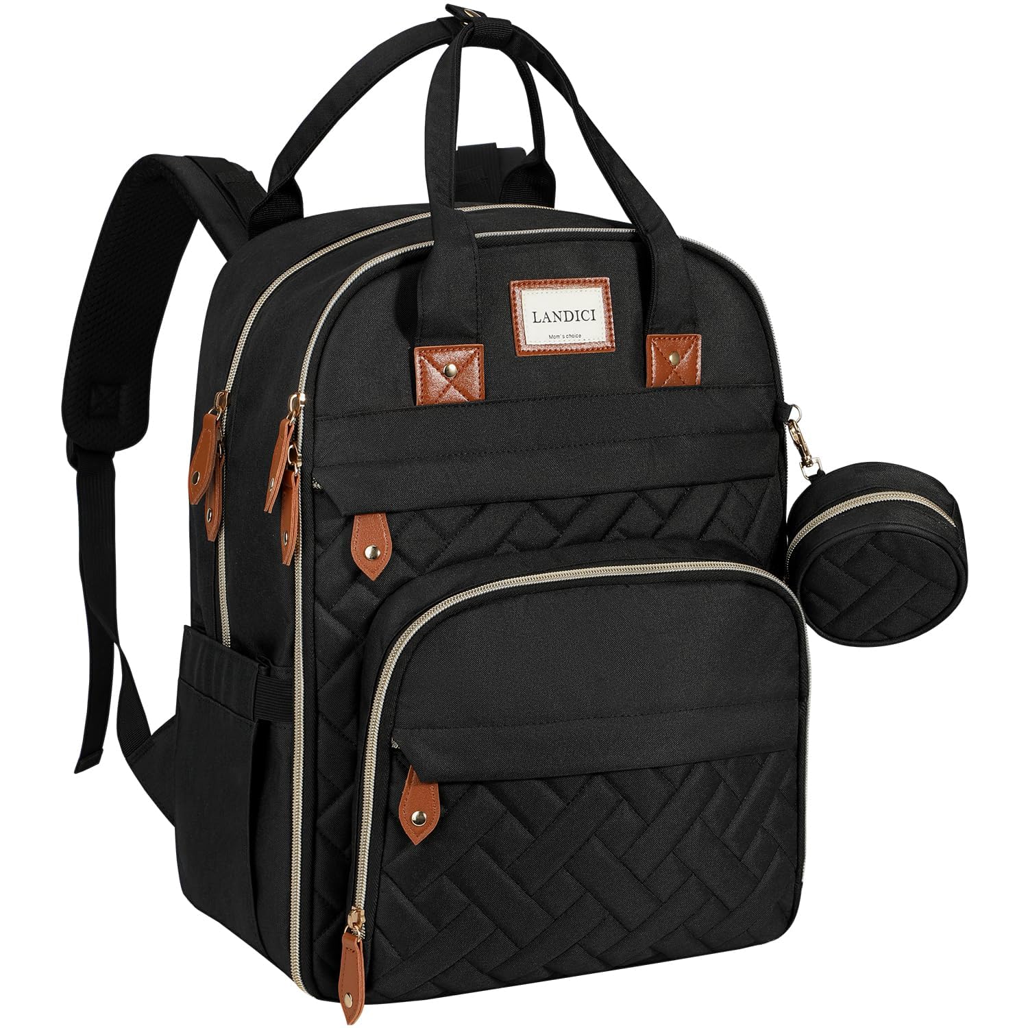 LANDICI Baby Changing Bag Backpack, Large Nappy Changing Backpack Diaper Bags with Changing Mat, Stroller Straps and Pacifier case, Multifunction doll Changing Bag for Mum Dad Boy Girls, Black