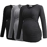 Smallshow Women's V-Neck Maternity Shirt Clothes Long Sleeve Ruched Pregnancy Top