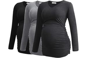Smallshow Women's V-Neck Maternity Shirt Clothes Long Sleeve Ruched Pregnancy Top