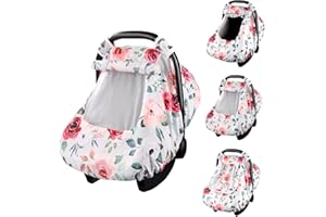 CARUILI Floral Car Seat Covers for Babies, Kick-Proof Infant Car Seat Cover, Windproof Baby Carseat Cover Girls, Car Seat Canopy with Breathable Mesh Peep Window, Rose Flower