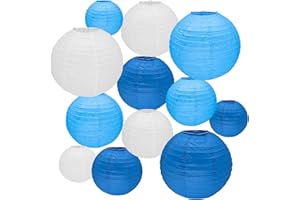 Peywot 12Pcs Round Paper Lanterns Assorted Sizes (6" 8" 10" 12") for Home Decor, Restaurant, Church, Wedding, Birthday Party Decorations, Hanging Chinese Japanese Paper Lantern Lamps (Blue Series)