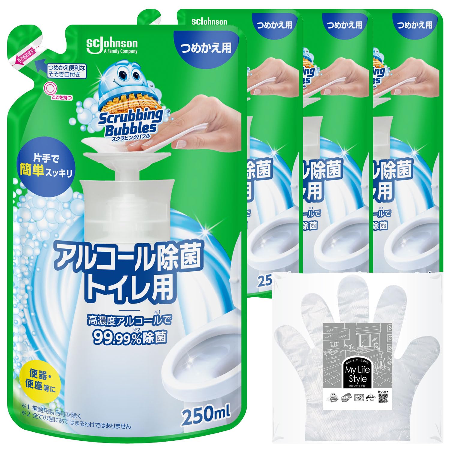 【Amazon.co.jp 限定】 スクラビングバブル トイレ掃除 アルコール除菌 トイレ用 プッシュタイプ 詰め替え用 250mL×4個 お掃除手袋つき 日本製 トイレ 洗剤 除菌剤 エタノール 除菌 便座クリーナー まとめ買い商品画像