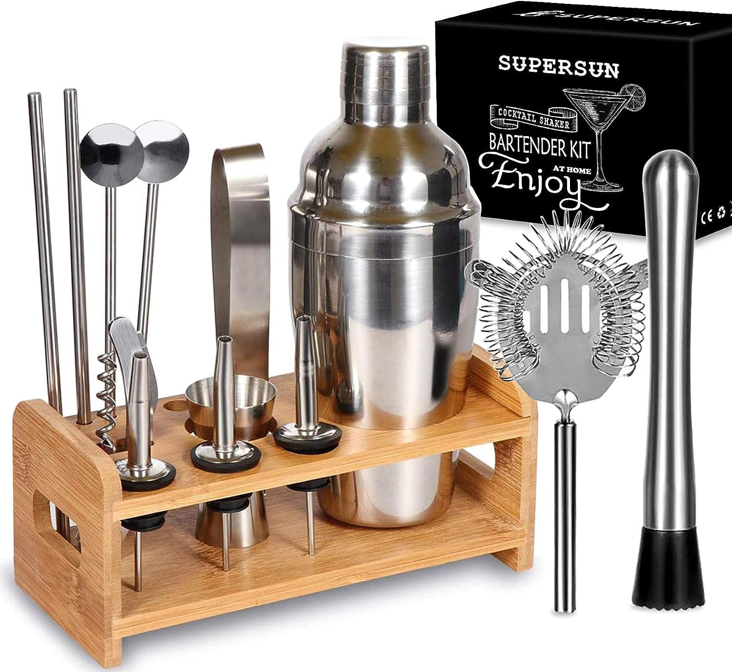 SUPERSUN 15 Pieces Cocktail Shakers Set, Cocktail Making Set 550ml Stainless Steel Bartender Kit Barware Set with Wooden Stand, Cocktail Shaker Gift Set for Home Bar