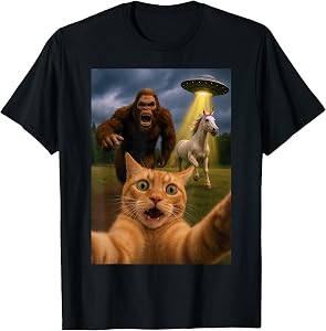 Funny Graphic Tee Cat Selfie with Bigfoot Unicorn Alien UFO T-Shirt