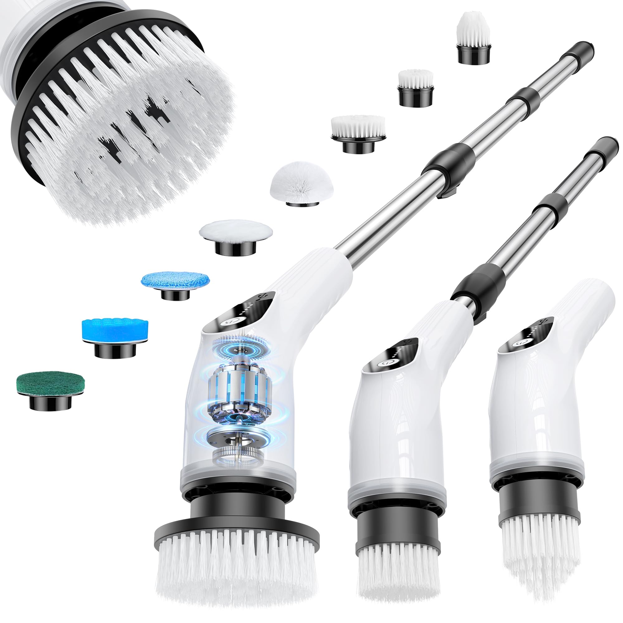 Photo 1 of Electric Spin Scrubber, Cordless Cleaning Brush with 8 Replaceable Heads, Five-Speed Power Scrubber with Adjustable Handle for Bathroom, Tub, Floor, Tile & Car – Clean Without Bending