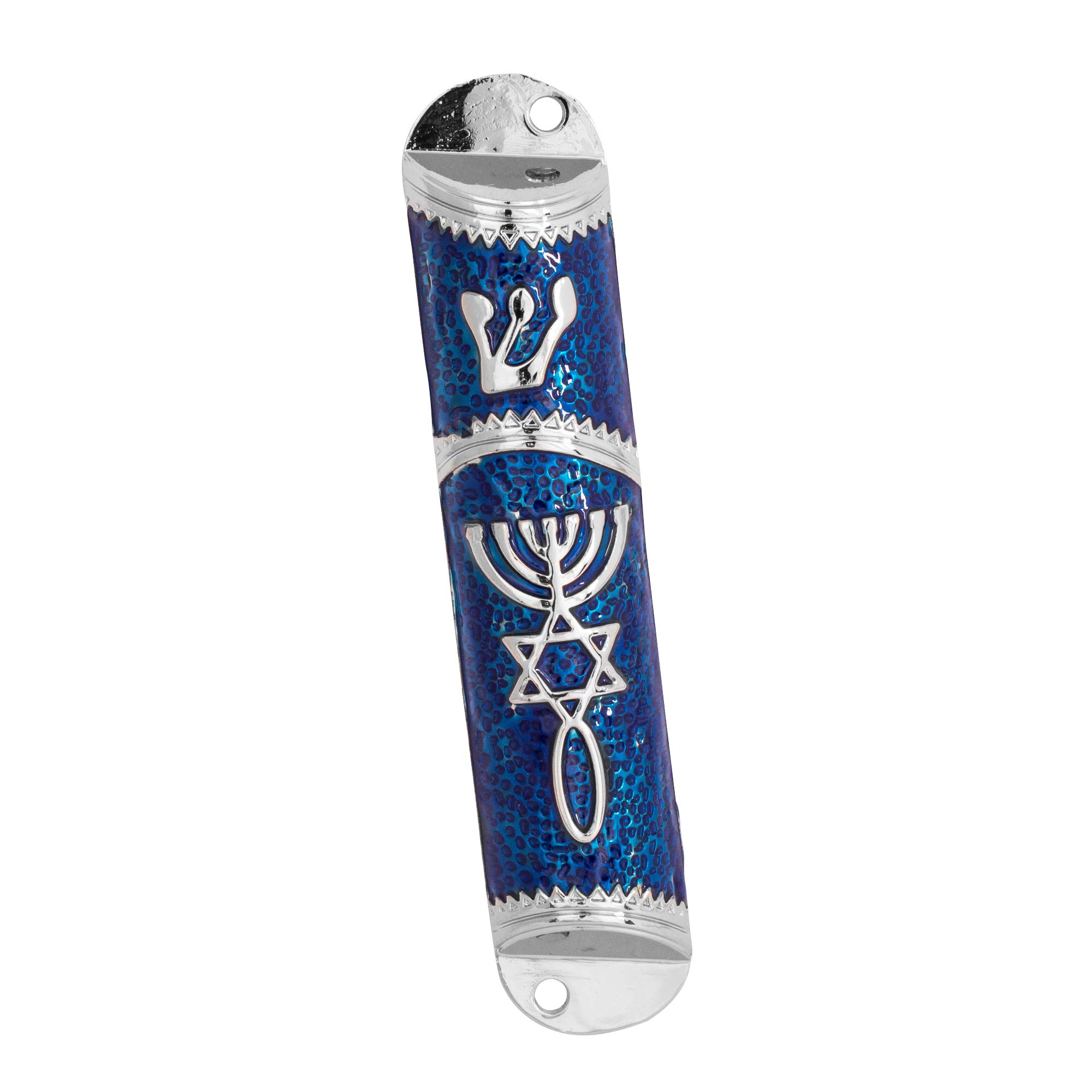 Enamel Door Mezuzah Scroll Case (Scroll Not Included) Shedai Jewish (Blue with Silver)