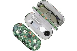 FlyingMage 2 in 1 Contact Lens Case and Eyeglasses Case for Women Men Kids, Double Sided Hard Shell Portable Glasses Travel Holder with Built-in Mirror, Contact Lens Box Storage Kit (Green Cat)