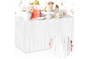 LANTIANCHEN 3 Pack Macaron White Foil Fringe Table Skirts, Tinsel Table Skirts Streamers Garland Banner for Table Decor, Parade Float, Halloween, Christmas, Birthday, Event Party Decorations (29x108 In)