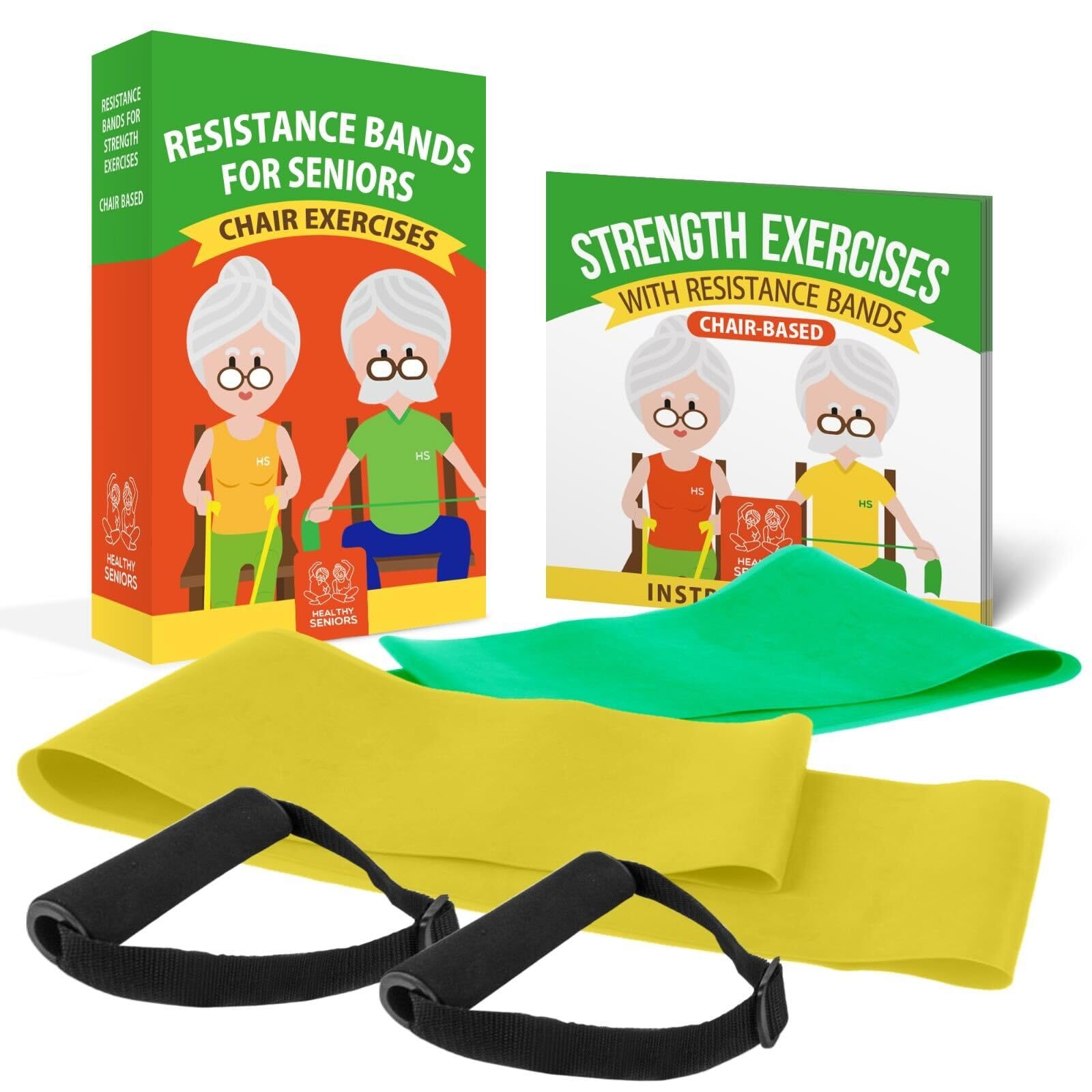 Photo 1 of Healthy Seniors Chair Exercise Program with Two Resistance Bands, Handles and Printed Exercise Guide. Suitable for Rehab or Physical Therapy. Thoughtful Gift for Grandma or Grandpa
