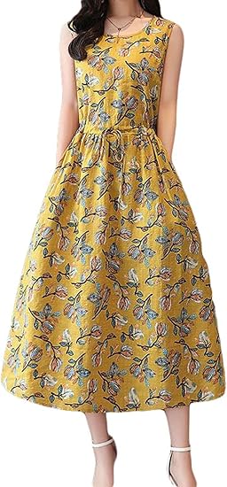Amazon Co Jp Gergeous綿麻 ワンピース 袖なし 花柄 ロングワンピース ゆったり フレアワンピース ハイウエスト 着痩せ 服 ファッション小物