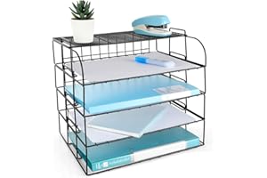 Spacrea Letter Tray, 4 Tier Desk Organizers and Accessories, Stackable Paper Tray Organizer Desk File Organizer with 1 Upper Display Shelf for School Home Office Supplies (Black)