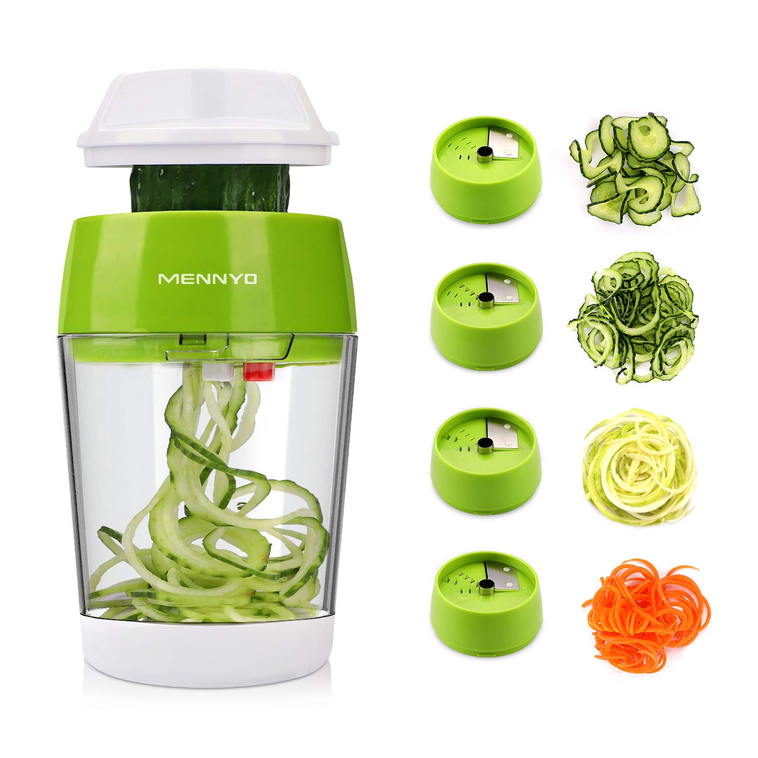 MENNYO Spiralizer with Box, 4 in 1 Vegetable Spiralizer Vegetable Spiralizer Spaghetti Mandolin Kitchen Slicer for Zucchini, Carrots, Vegetable Tagliatelle, Cucumbers (Green)