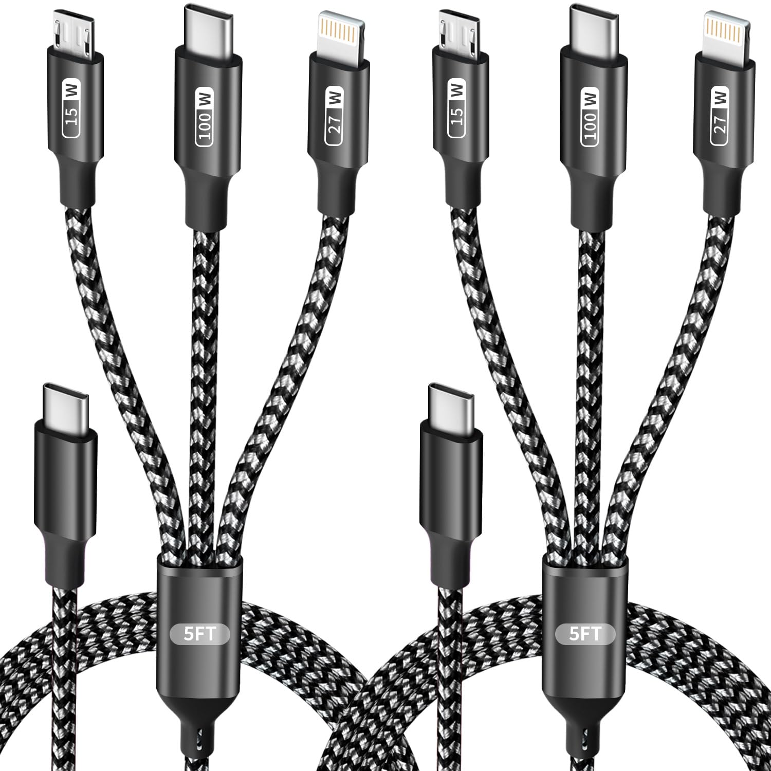 Photo 1 of 100W USB C Multi Charging Cable with E-Mark Chip, 3 in 1 USB C Fast Charging Cable, Universal Multiple Charger Cord with Type-C, Micro USB, IP Port for iPhone16/15/14/Cell Phones and More (2Pack 5FT)