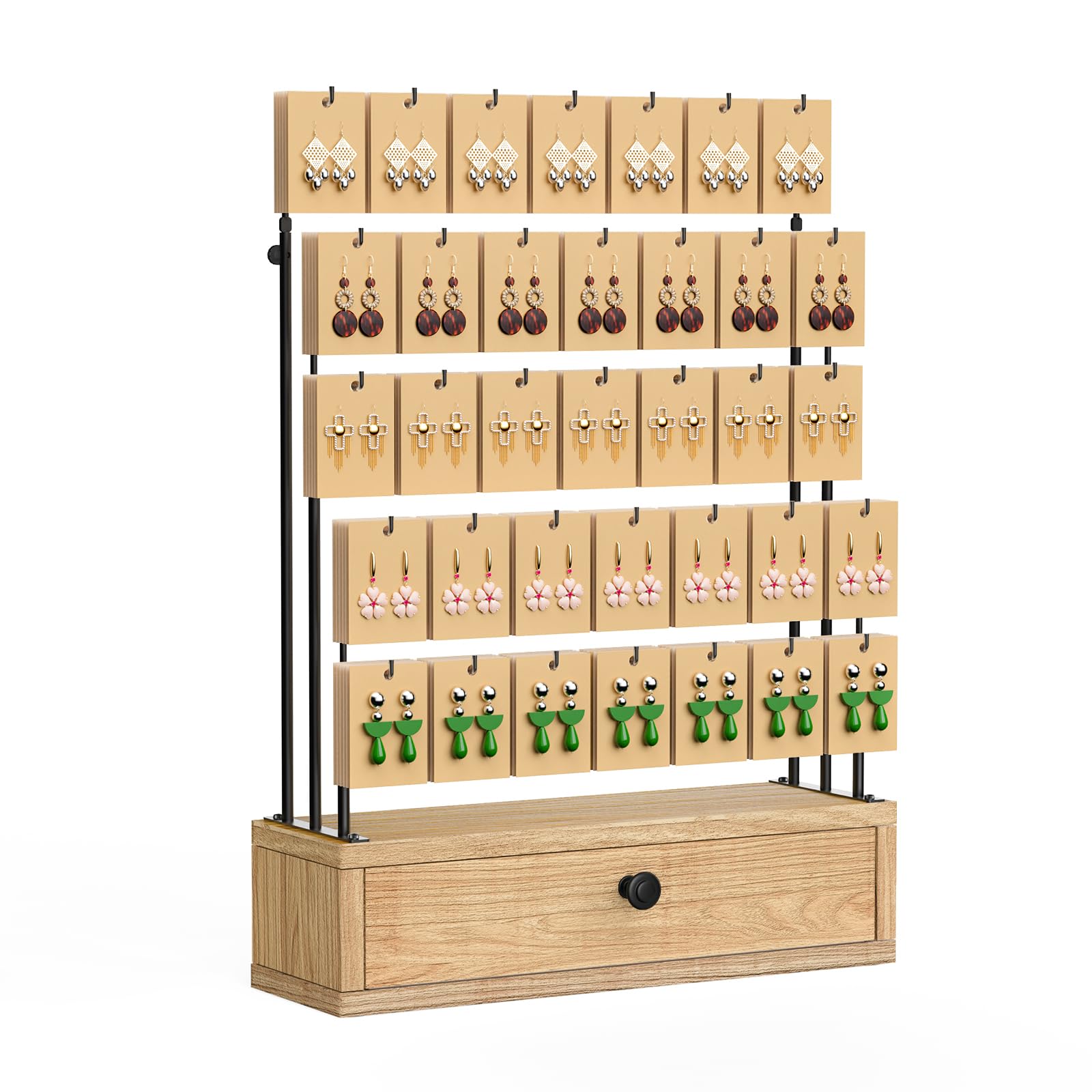 Photo 1 of ORLESS 5-Tier Jewelry Display for Vendors, Earring Holder Organizer with Storage Drawer Box, Necklace Display Holder for Selling, Earring Cards Organizer for Bracelets, Rings, Natural Wood(35 Hooks)