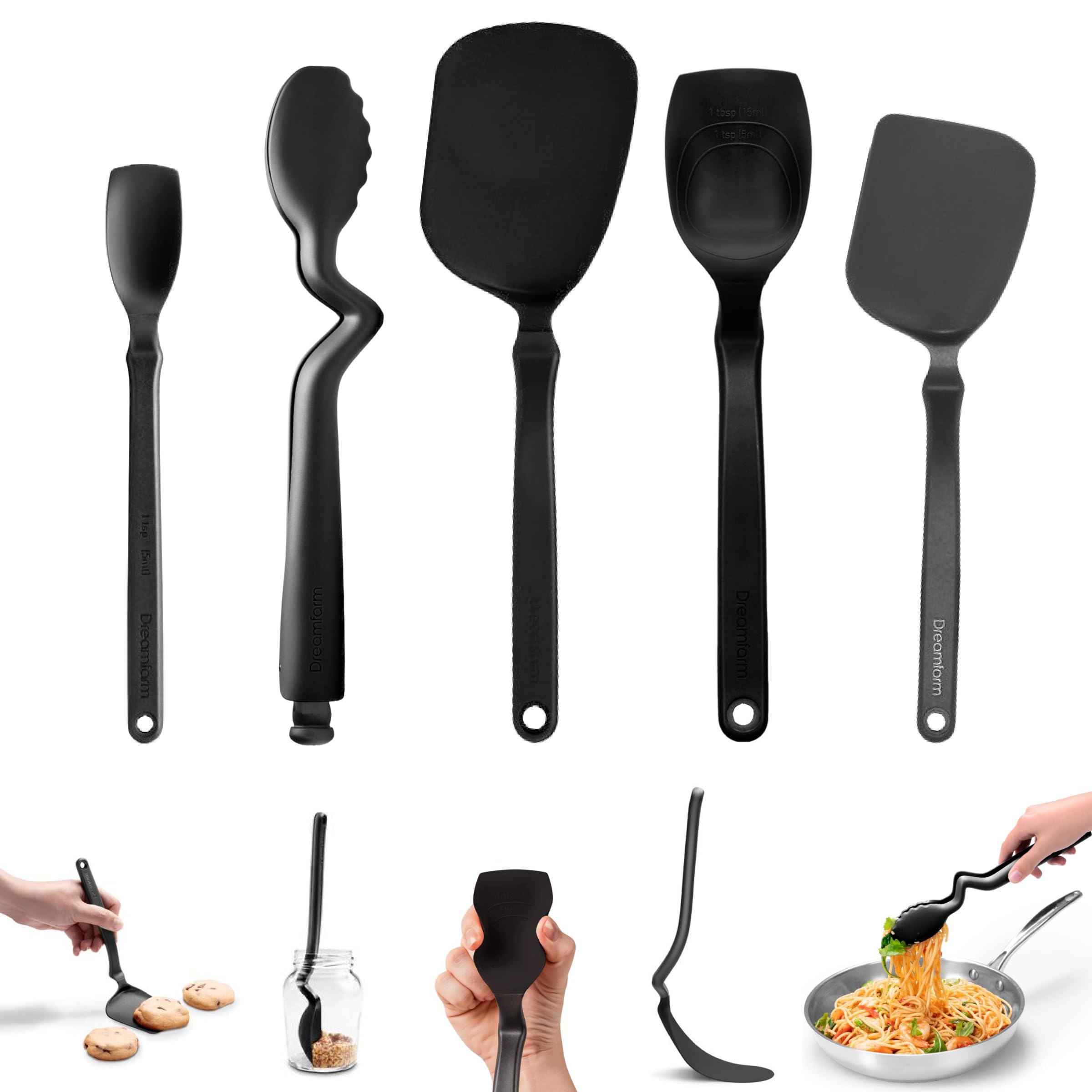 Photo 1 of Dreamfarm Everyday Kitchen Essentials (Black) - Clongs Lite Click?Lock Tongs, Supoon & Mini Supoon Scraper Spoons, Chopula & Mini Chopula Spatulas – Heat?Resistant Nylon/Silicone for Cooking & Baking